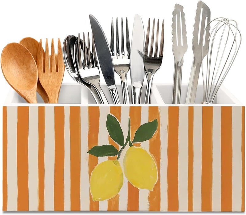 KBRCT Vintage Yellow Lemon Wooden Utensils Holder, Lemon Kitchen Decor, Farmhouse Fruit Orange Striped Wood Cooking Utensil Holder Organizer for Kitchen Countertop Counter Decor - Image 1